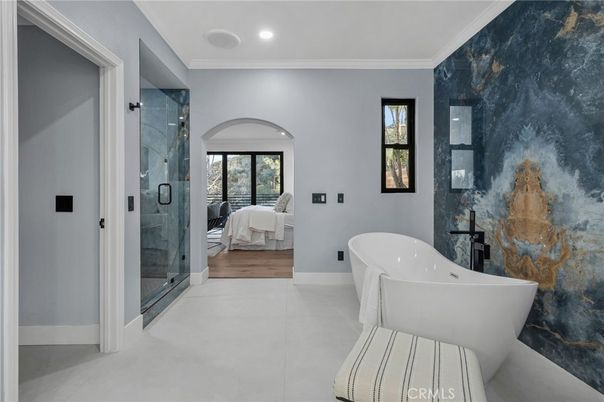 Bathroom, Free Standing Baths, Glass Shower, Interior, Recessed Lighting, Wood Texture Flooring