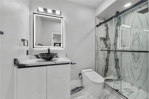 Bathroom, Glass Shower, Interior, Marble, Marble Walls, Recessed Lighting