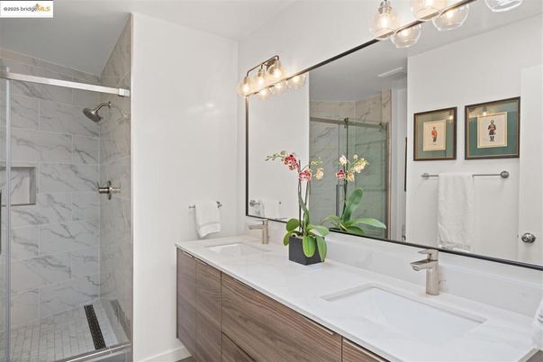 Bathroom, Dual Sink Vanities, Glass Shower, Interior, Marble Walls