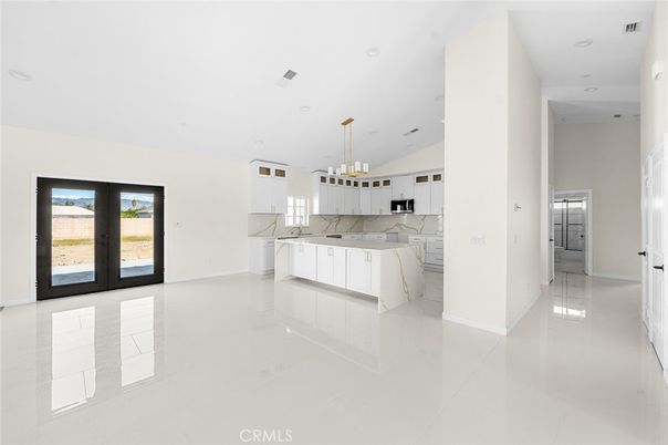 Empty room, Interior, Kitchen, Marble Walls, Pendant Lights, Recessed Lighting