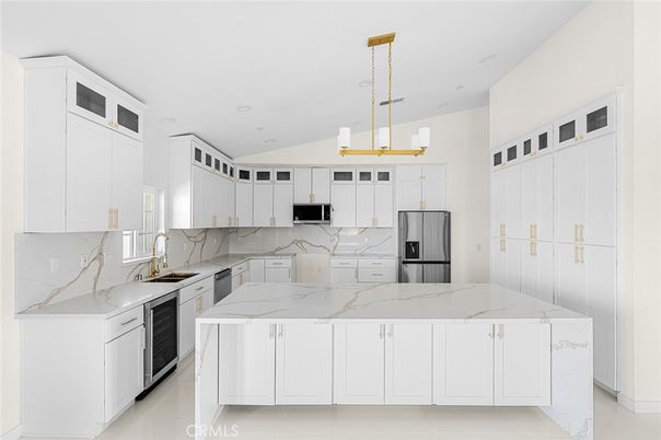 Interior, Kitchen, Marble Walls, Pendant Lights, Recessed Lighting