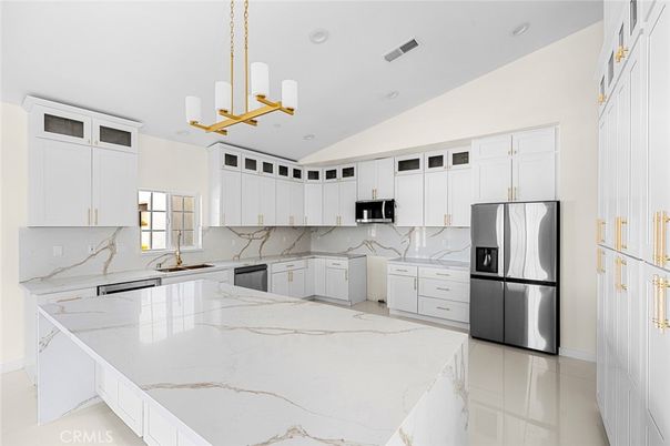 Interior, Kitchen, Marble Walls, Pendant Lights, Recessed Lighting