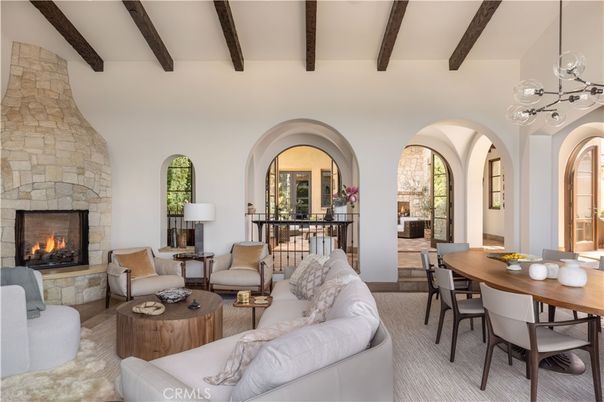 Dining room, Fireplace, Interior, Living room, Pendant Lights, Stone Walls, Wooden Beams