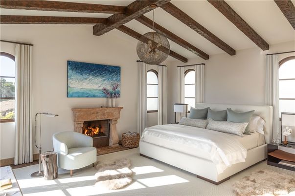 Bedroom, Fireplace, Interior, Pendant Lights, Wooden Beams