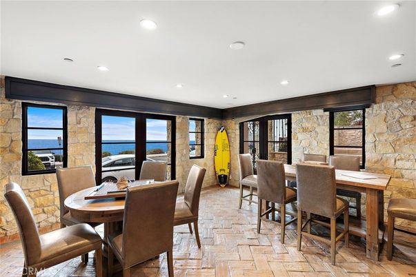 Dining room, Interior, Recessed Lighting, Stone Walls, Water