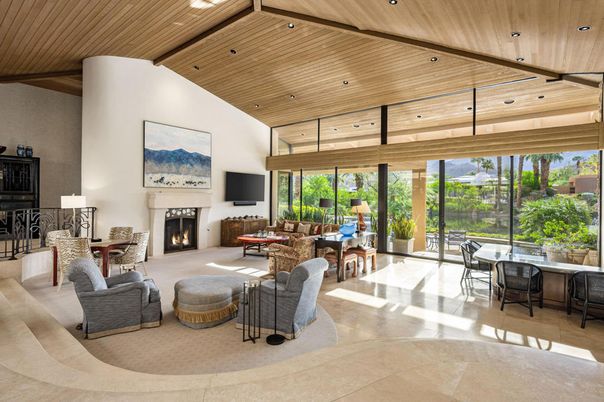Dining room, Fireplace, Interior, Living room, Recessed Lighting, Wooden Ceilings