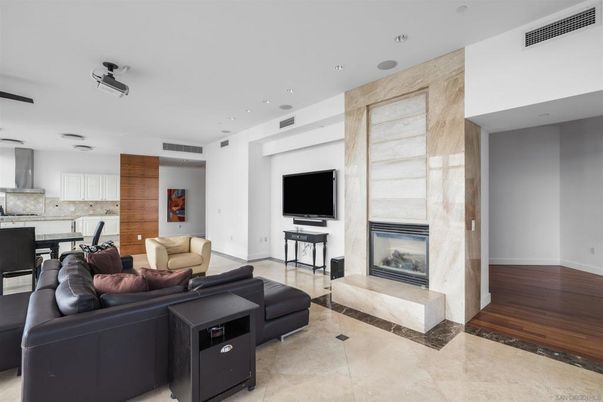Dining room, Fireplace, Interior, Kitchen, Living room, Recessed Lighting, Wood Texture Flooring