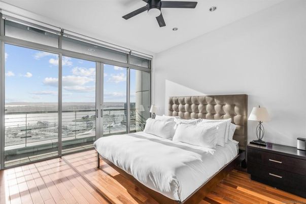 Bedroom, Interior, Recessed Lighting, Water, Wood Texture Flooring