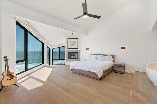 Bedroom, Fireplace, Interior, Water, Wood Texture Flooring