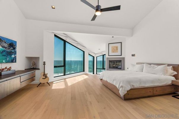 Bedroom, Fireplace, Interior, Water, Wood Texture Flooring