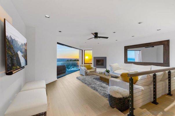 Fireplace, Interior, Living room, Recessed Lighting, Water, Wood Texture Flooring