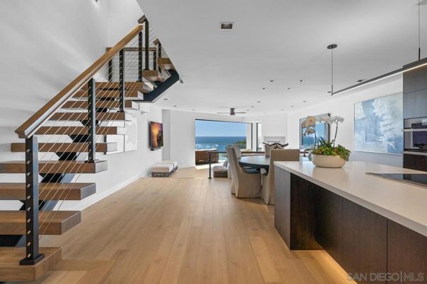 Dining room, Interior, Pendant Lights, Recessed Lighting, Water, Wood Texture Flooring