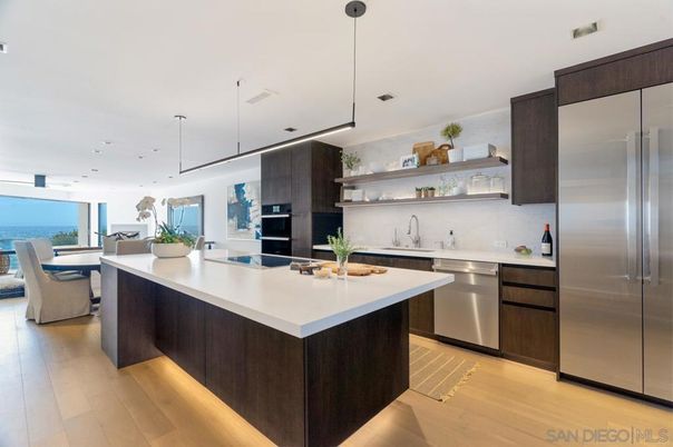 Dining room, Interior, Kitchen, Pendant Lights, Recessed Lighting, Stainless Steel Appliances, Water, Wood Texture Flooring