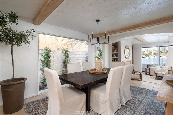 Dining room, Interior, Living room, Pendant Lights, Wooden Beams