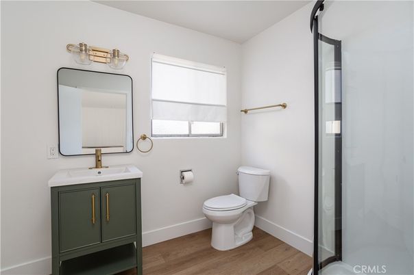 Bathroom, Glass Shower, Interior, Wood Texture Flooring