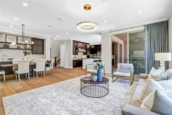Dining room, Interior, Kitchen, Living room, Pendant Lights, Recessed Lighting, Stainless Steel Appliances, Wood Texture Flooring