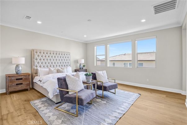 Bedroom, Interior, Recessed Lighting, Wood Texture Flooring
