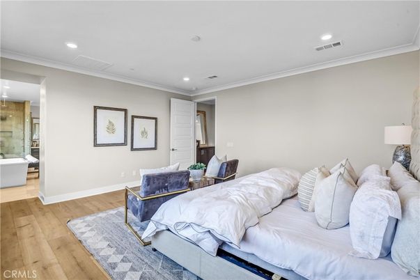 Bedroom, Interior, Recessed Lighting, Wood Texture Flooring