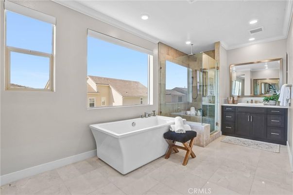Bathroom, Free Standing Baths, Glass Shower, Interior, Recessed Lighting