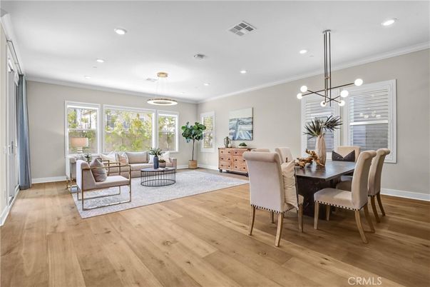 Dining room, Interior, Living room, Pendant Lights, Recessed Lighting, Wood Texture Flooring