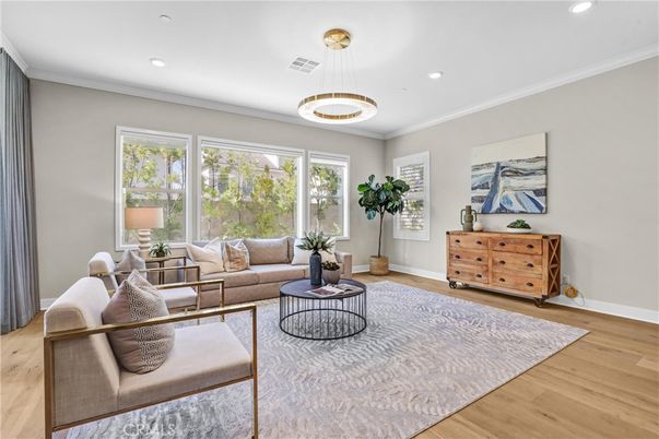 Interior, Living room, Pendant Lights, Recessed Lighting, Wood Texture Flooring