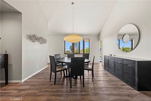 Dining room, Interior, Pendant Lights, Wood Texture Flooring