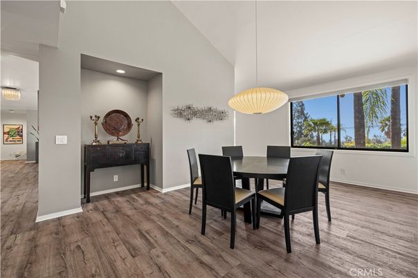 Dining room, Interior, Pendant Lights, Recessed Lighting, Wood Texture Flooring