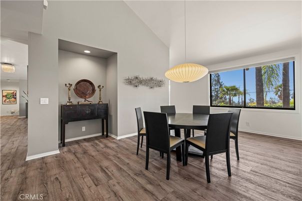 Dining room, Interior, Pendant Lights, Recessed Lighting, Wood Texture Flooring