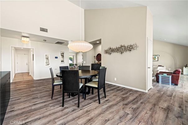 Dining room, Interior, Pendant Lights, Recessed Lighting, Wood Texture Flooring