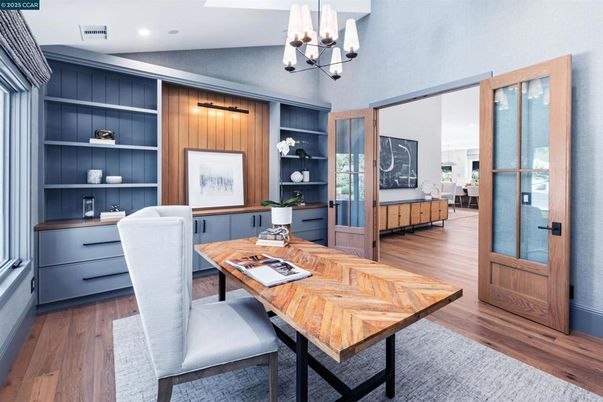 Chandelier, Home Office, Interior, Recessed Lighting, Wood Texture Flooring, Wooden Walls