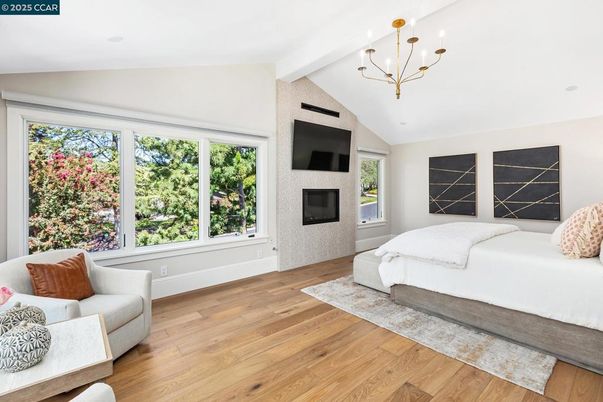 Bedroom, Fireplace, Interior, Pendant Lights, Wood Texture Flooring