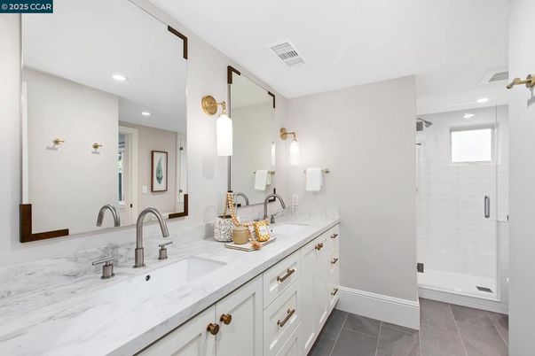Bathroom, Dual Sink Vanities, Glass Shower, Interior, Recessed Lighting