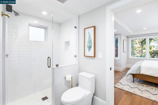 Bathroom, Bedroom, Glass Shower, Interior, Recessed Lighting, Wood Texture Flooring