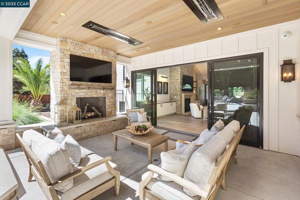 Fireplace, Interior, Living room, Recessed Lighting, Stone Walls, Wooden Ceilings