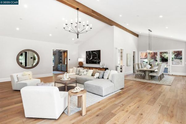 Dining room, Interior, Living room, Pendant Lights, Recessed Lighting, Wooden Beams, Wood Texture Flooring