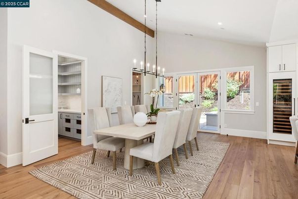 Dining room, Interior, Pendant Lights, Recessed Lighting, Wooden Beams, Wood Texture Flooring