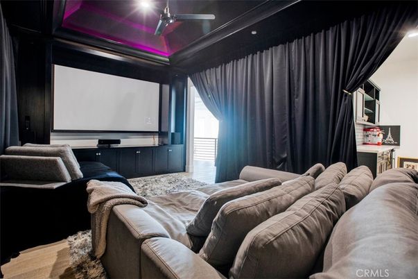 Interior, Projection Screen, Recessed Lighting, Theatre Room, Wood Texture Flooring