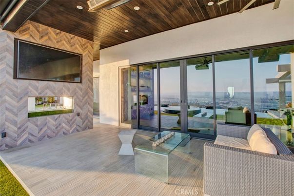 Fireplace, Interior, Living room, Recessed Lighting, Water, Wooden Ceilings, Wood Texture Flooring