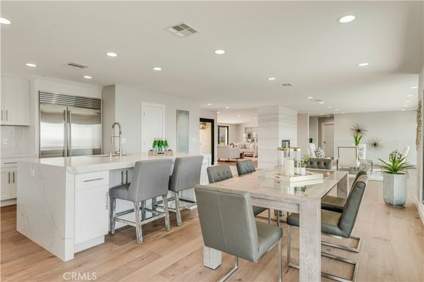 Dining room, Interior, Kitchen, Recessed Lighting, Stainless Steel Appliances, Wood Texture Flooring