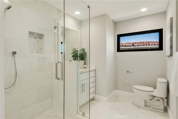 Bathroom, Glass Shower, Interior, Marble, Recessed Lighting