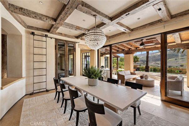 Chandelier, Dining room, Interior, Recessed Lighting, Wooden Beams