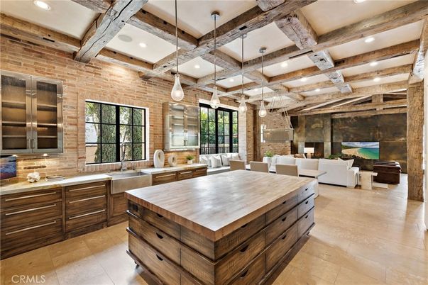 Interior, Kitchen, Living room, Pendant Lights, Recessed Lighting, Stainless Steel Appliances, Stone Walls, Wooden Beams