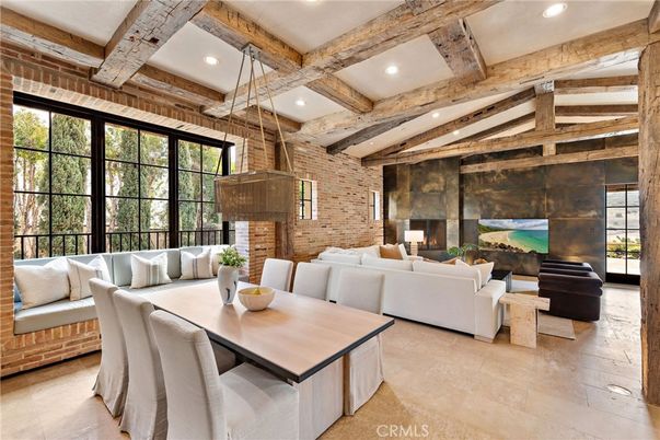 Dining room, Fireplace, Interior, Living room, Pendant Lights, Recessed Lighting, Stone Walls, Wooden Beams