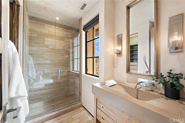 Bathroom, Glass Shower, Interior, Recessed Lighting, Wood Texture Flooring