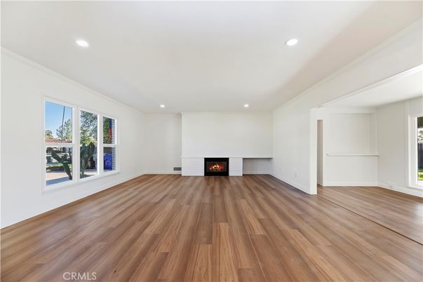 Empty room, Fireplace, Interior, Recessed Lighting, Wood Texture Flooring