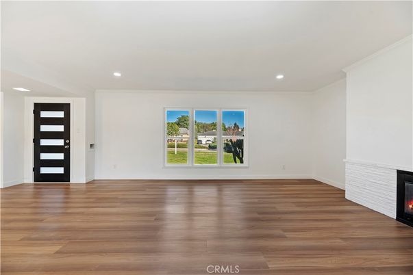 Empty room, Fireplace, Interior, Recessed Lighting, Wood Texture Flooring