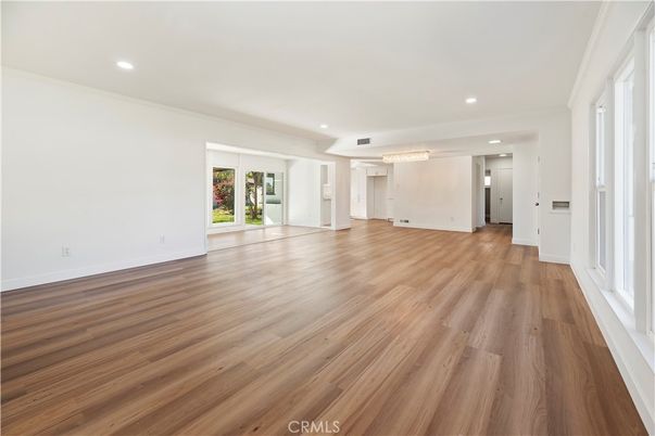 Chandelier, Empty room, Interior, Recessed Lighting, Wood Texture Flooring