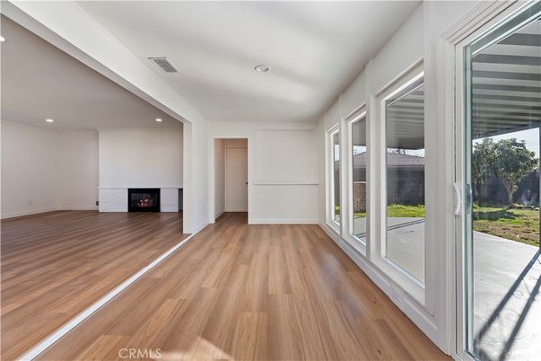 Empty room, Fireplace, Interior, Recessed Lighting, Wood Texture Flooring