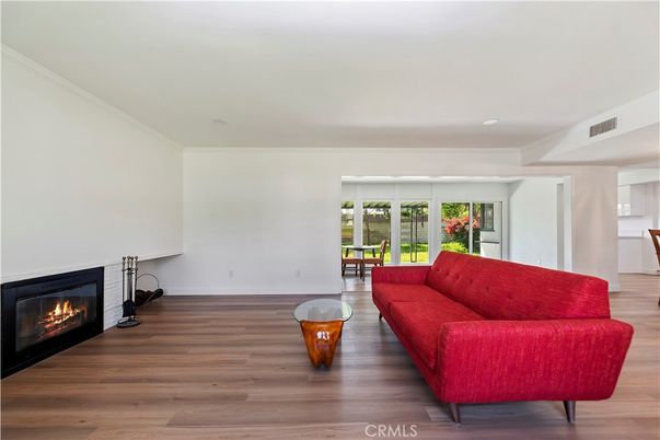 Fireplace, Interior, Living room, Recessed Lighting, Wood Texture Flooring