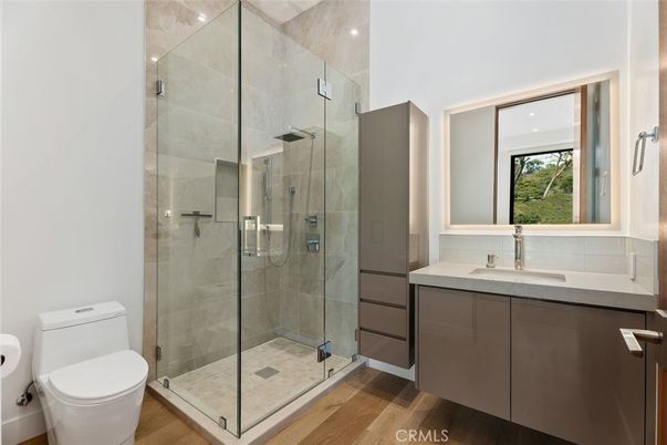 Bathroom, Glass Shower, Interior, Recessed Lighting, Wood Texture Flooring